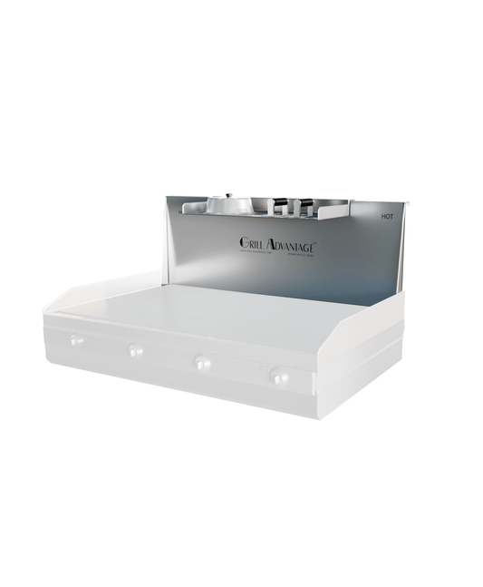 The Grill Advantage Silver package 24" features a stainless steel flat top grill with four knobs, a closed back panel, backsplash logo, and a handy grill shelf accessory for better kitchen organization.