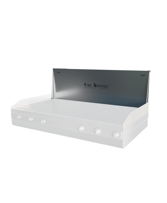 The Grill Advantage Backsplash Extender, with a closed lid labeled "HOT," features the Hat Track Clip System—making it a versatile universal accessory for any flat top grill enthusiast.