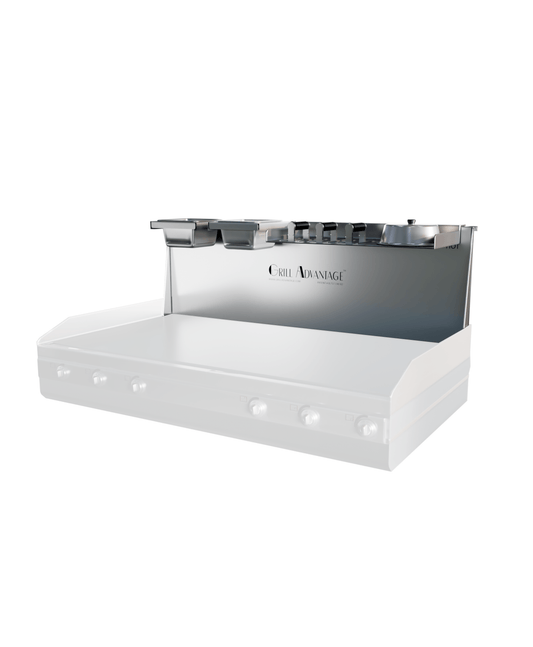 Grill Advantage 36-inch backsplash system at an angle, showing two pan holders on the left side and one on the right, mounted on a ghosted griddle base.