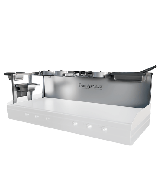 Grill Advantage 60-inch backsplash system shown at an angle, with a tall side-mounted utensil holder on the left and a lidded compartment on the right, fitted over a ghosted griddle.