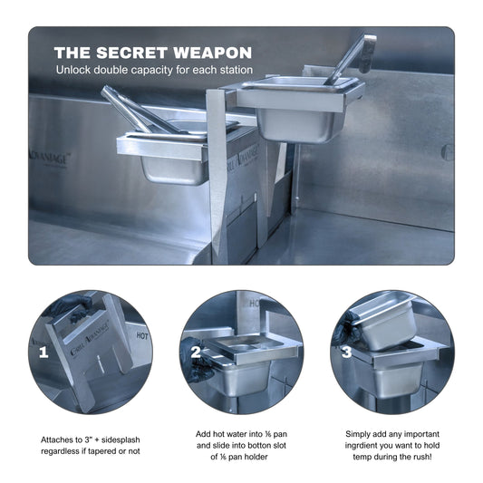 The Grill Advantage Grill Sidebar attaches to your workstation, turning your griddle prep area into a high-capacity accessory for efficient cooking and neatly organized ingredients.