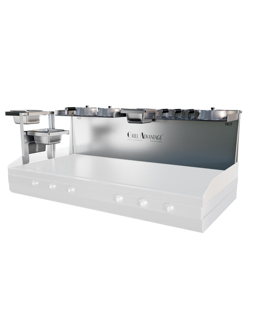 The Grill Advantage Platinum Package 48" is a commercial-grade grill station featuring multiple burners, stainless steel surfaces, two side shelves, and a labeled backsplash extender.