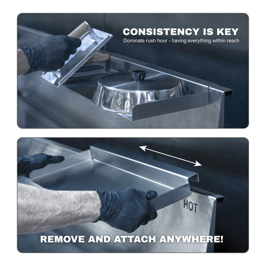 Two images show a metal container with utensils, illustrating how the Grill Advantage Platinum Package 36" pan holder accessory can be easily removed and reattached to a metal surface for convenient kitchen access.