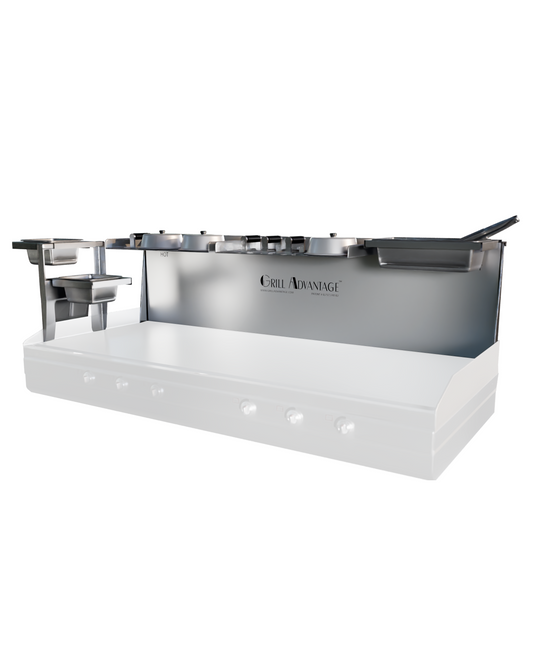 The Grill Advantage Platinum Package 60" pan holder accessory with multiple compartments is shown mounted on a white grill surface.