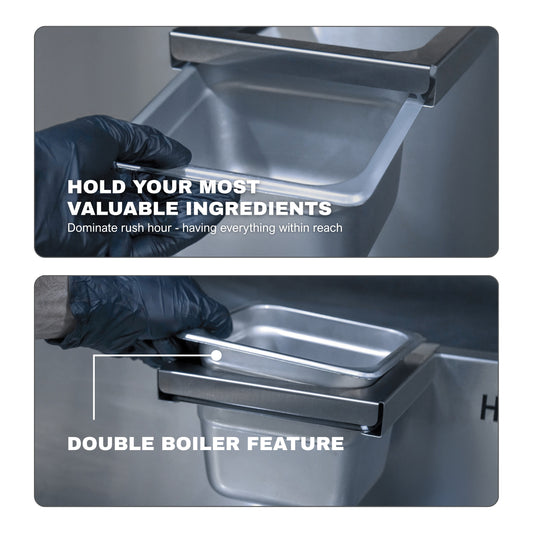 Top image: The Grill Advantage Silver Package 36" covered metal container fits into a slot. Bottom image: A gloved hand holds the container with a "Double Boiler Feature," showing its versatility as a pan holder accessory.