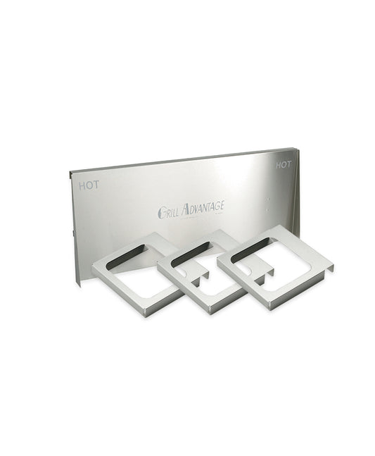 The Grill Advantage Gold Package 24" features a rectangular metal panel labeled "Grill Advantage" with "HOT" on each end and three silver square brackets—ideal as a backsplash extender or pan holder for improved kitchen organization.