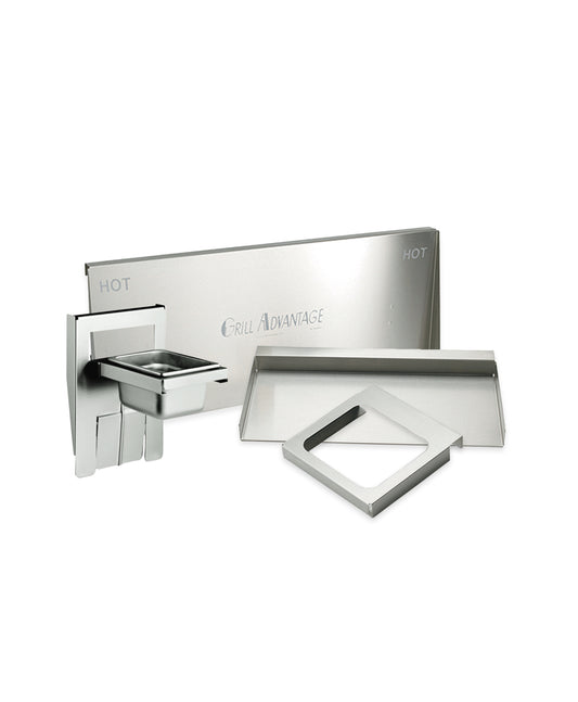 The Grill Advantage Platinum Package 24" set features stainless steel construction, HOT indicators, a heat shield, drip tray, mounting bracket, and a convenient pan holder accessory.