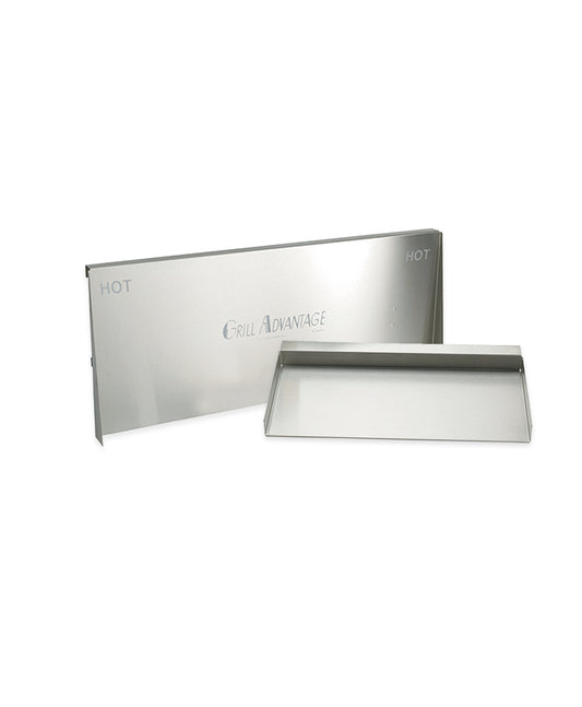 The Grill Advantage Silver package 24" includes two stainless steel grilling accessories—one shelf upright with "HOT" and "GRILL ADVANTAGE" engraved and one lying flat—ideal for kitchen organization, both shown on a plain white background.