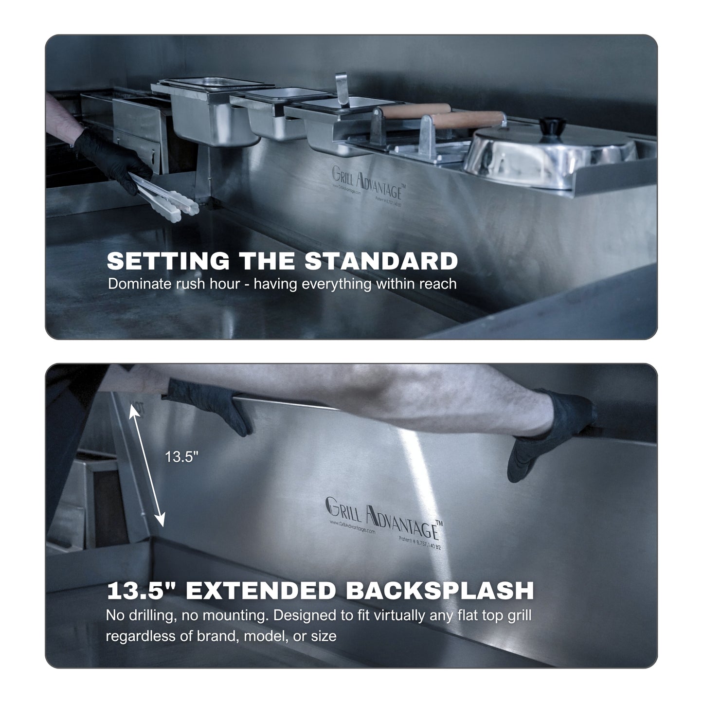 Top image: Grill Advantage Platinum Package 36" with utensils, pan holders, and containers on a stainless steel surface. 

Bottom image: Person measures the 13.5-inch backsplash extender for compatibility.