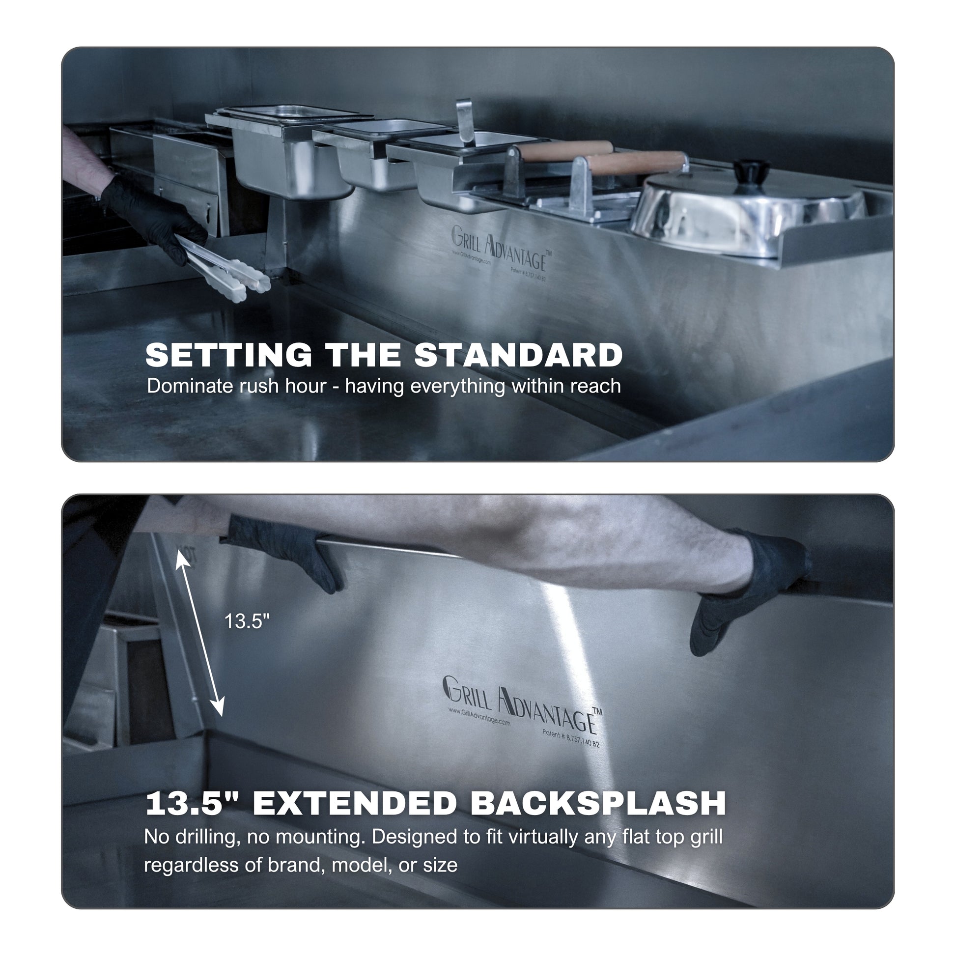 Top image: Grill Advantage Platinum Package 36" with utensils, pan holders, and containers on a stainless steel surface. 

Bottom image: Person measures the 13.5-inch backsplash extender for compatibility.