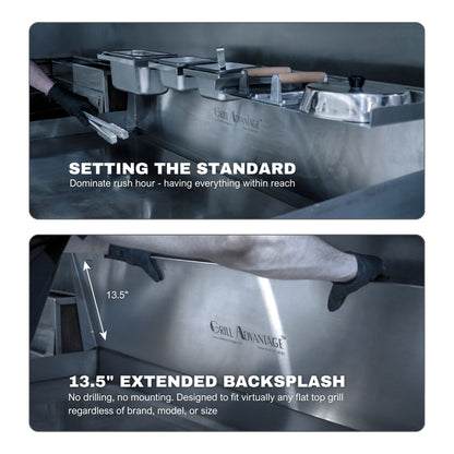 Top image: Grill Advantage Platinum Package 36" with utensils, pan holders, and containers on a stainless steel surface. 

Bottom image: Person measures the 13.5-inch backsplash extender for compatibility.