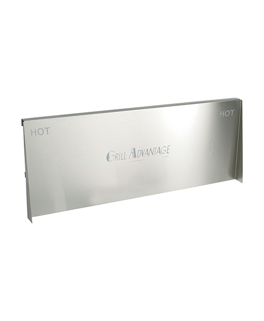 The Grill Advantage Backsplash Extender is a rectangular stainless steel shield with "HOT" on both ends and the Grill Advantage logo in the center. This universal accessory fits most flat top grills and is compatible with the Hat Track Clip System.