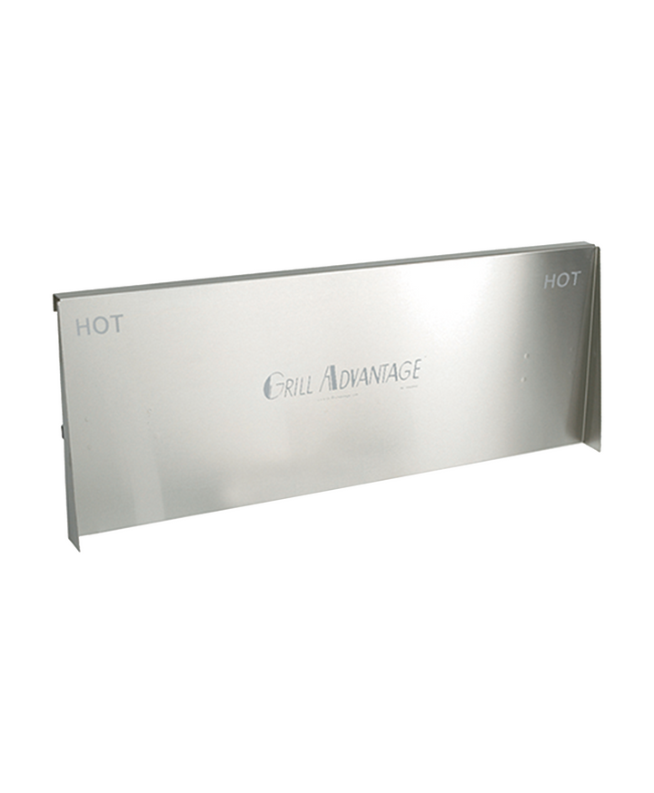 The Grill Advantage Backsplash Extender is a rectangular stainless steel shield with "HOT" on both ends and the Grill Advantage logo in the center. This universal accessory fits most flat top grills and is compatible with the Hat Track Clip System.