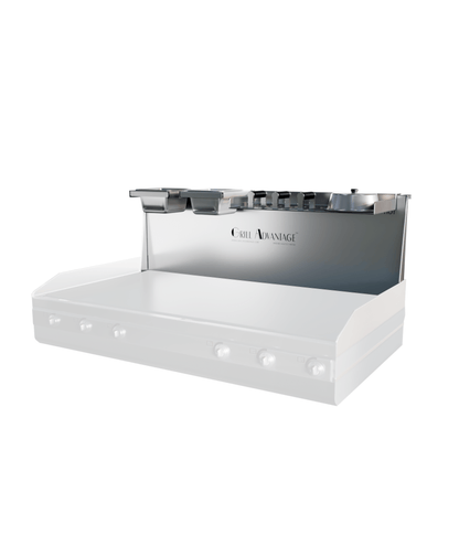 Grill Advantage 36-inch backsplash system at an angle, showing two pan holders on the left side and one on the right, mounted on a ghosted griddle base.