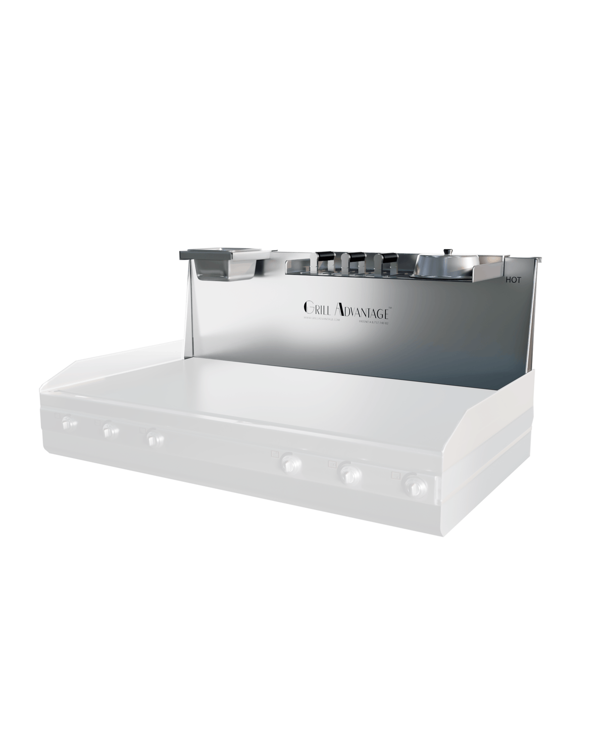 Grill Advantage 36-inch backsplash system at a front-left angle, showing one pan holder on each end of the top shelf and a HOT label on the right, mounted over a ghosted griddle.