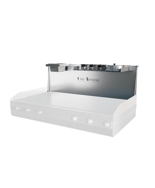 Grill Advantage 36-inch backsplash system at a front-left angle, showing one pan holder on each end of the top shelf and a HOT label on the right, mounted over a ghosted griddle.
