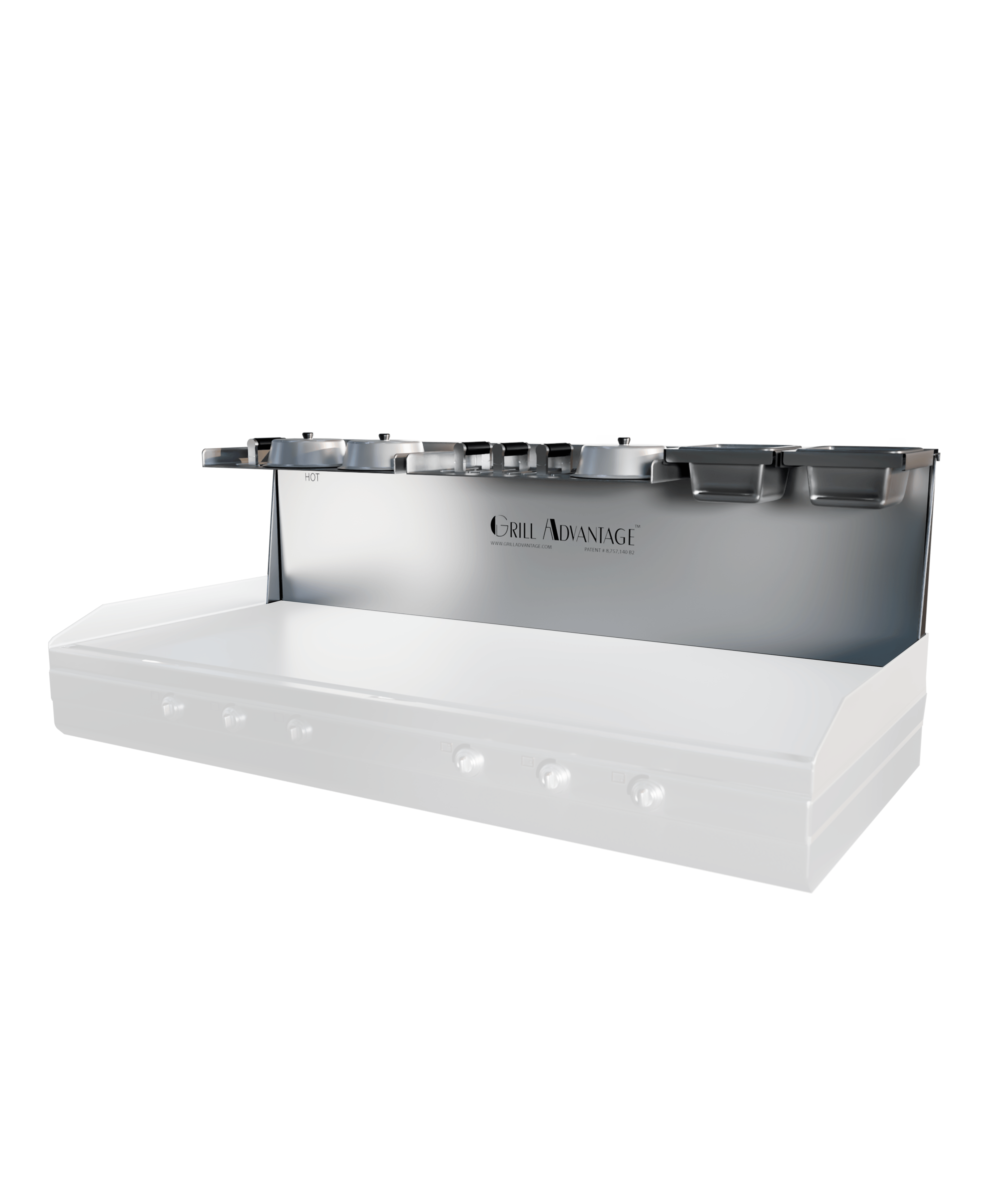 Grill Advantage 60-inch backsplash system viewed from the front-right, showing a row of pan holders along the top shelf with a HOT label on the left, mounted over a ghosted griddle.