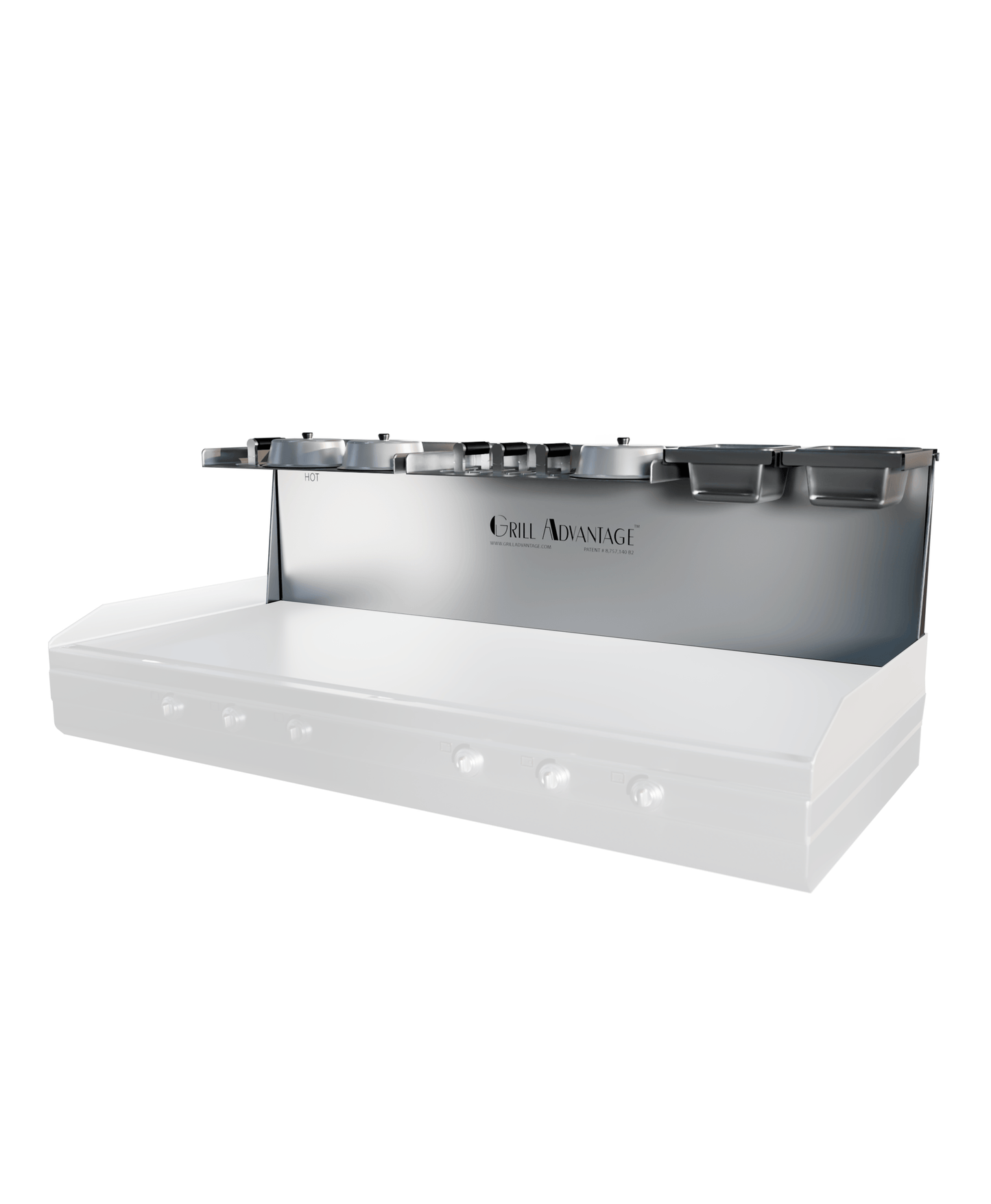 Grill Advantage 60-inch backsplash system viewed from the front-right, showing a row of pan holders along the top shelf with a HOT label on the left, mounted over a ghosted griddle.
