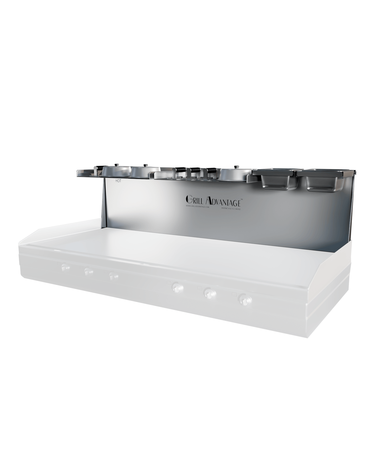 Grill Advantage 60-inch backsplash system viewed from the front-right, showing a row of pan holders along the top shelf with a HOT label on the left, mounted over a ghosted griddle.