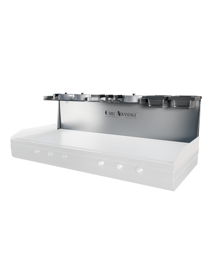 Grill Advantage 60-inch backsplash system viewed from the front-right, showing a row of pan holders along the top shelf with a HOT label on the left, mounted over a ghosted griddle.
