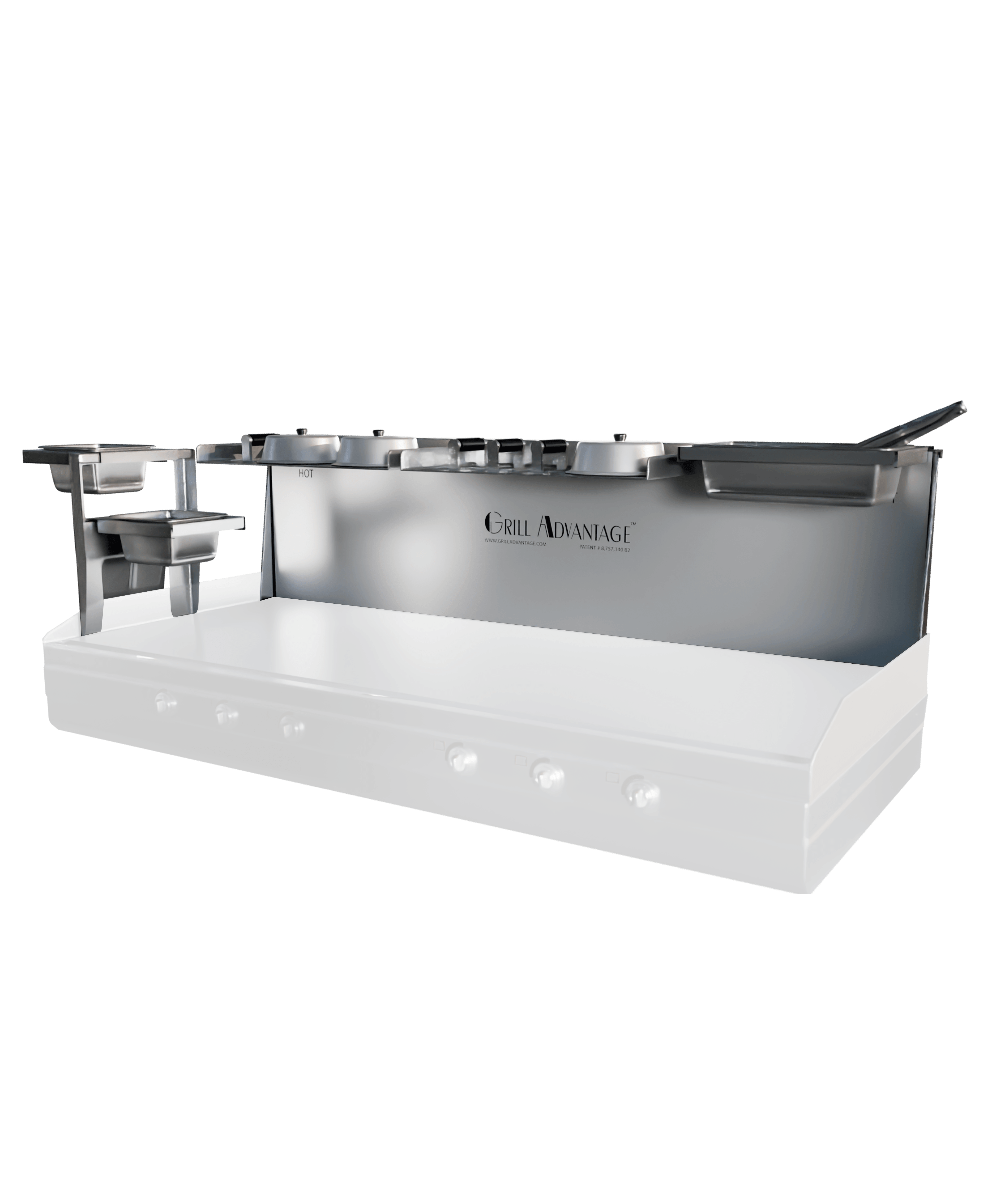 Grill Advantage 60-inch backsplash system shown at an angle, with a tall side-mounted utensil holder on the left and a lidded compartment on the right, fitted over a ghosted griddle.