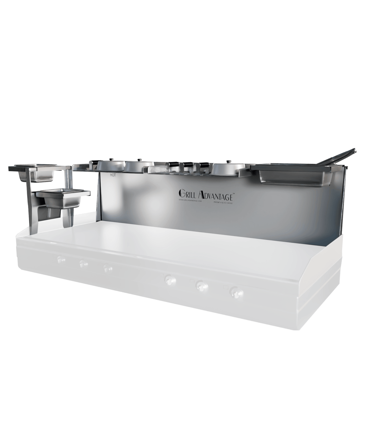 Grill Advantage 60-inch backsplash system shown at an angle, with a tall side-mounted utensil holder on the left and a lidded compartment on the right, fitted over a ghosted griddle.