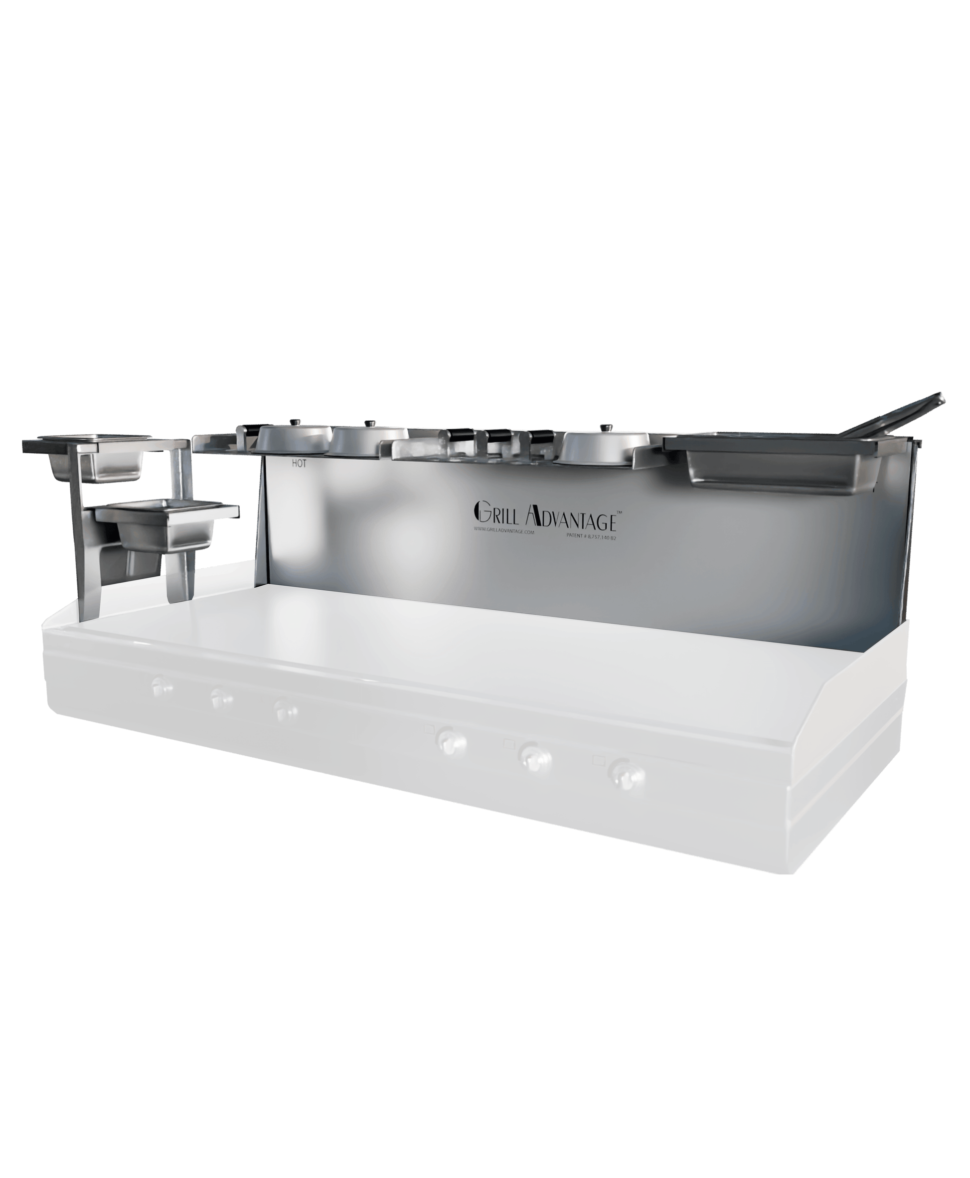 Grill Advantage 60-inch backsplash system shown at an angle, with a tall side-mounted utensil holder on the left and a lidded compartment on the right, fitted over a ghosted griddle.