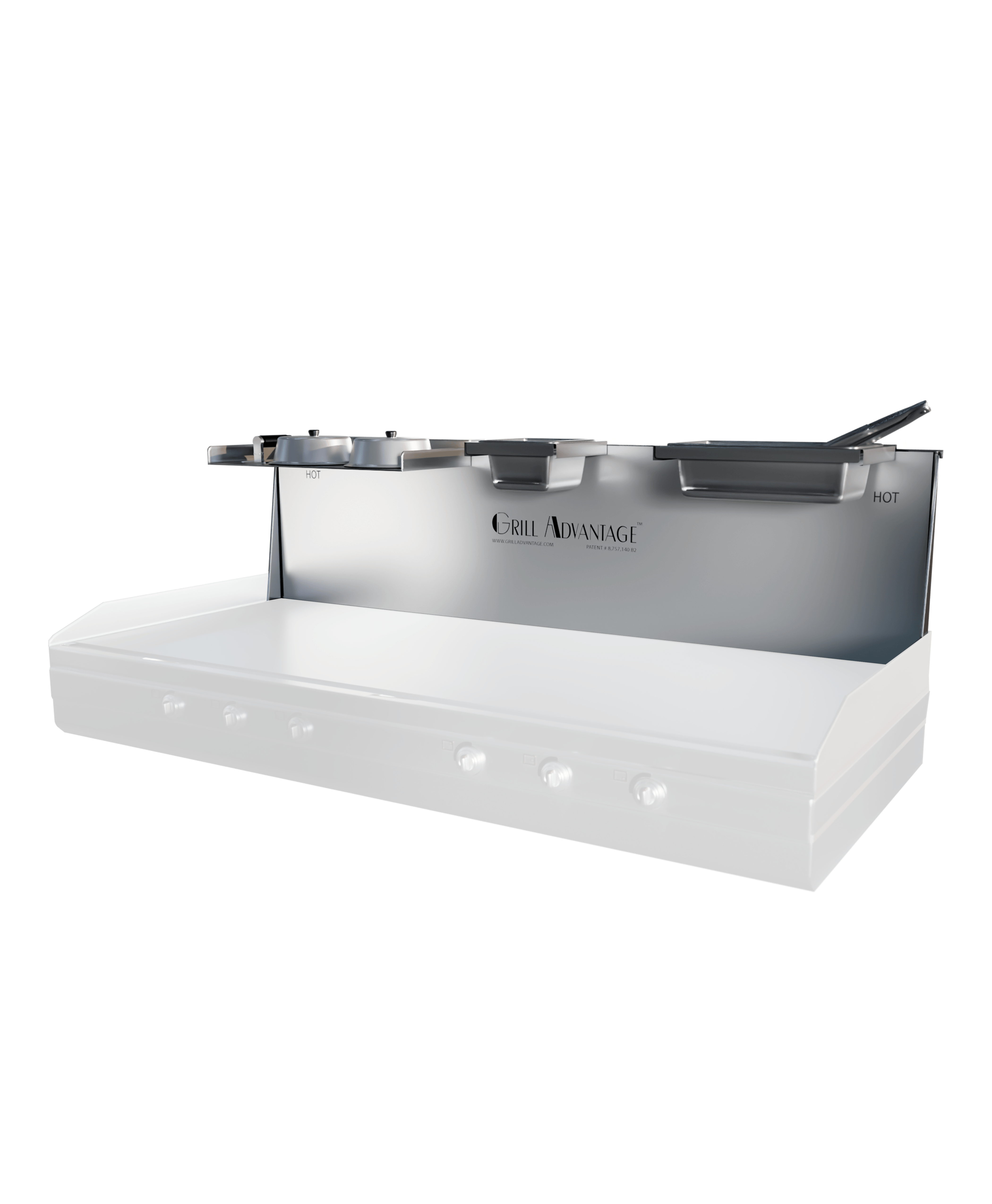Grill Advantage 60-inch backsplash system viewed from the front-left, with pan holders along the top shelf and two HOT-labeled zones visible at each end, fitted over a ghosted griddle.