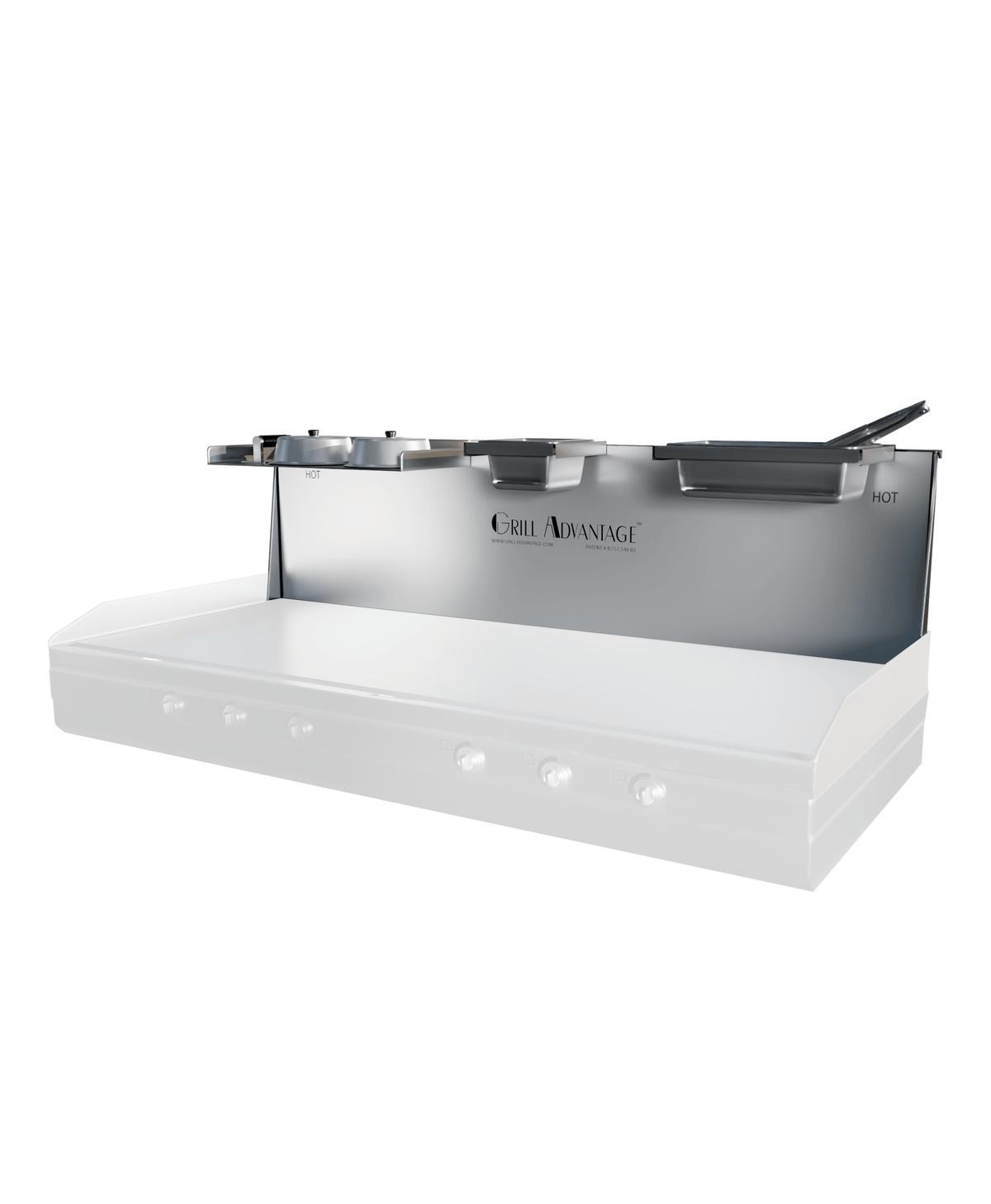 Grill Advantage 60-inch backsplash system viewed from the front-left, with pan holders along the top shelf and two HOT-labeled zones visible at each end, fitted over a ghosted griddle.