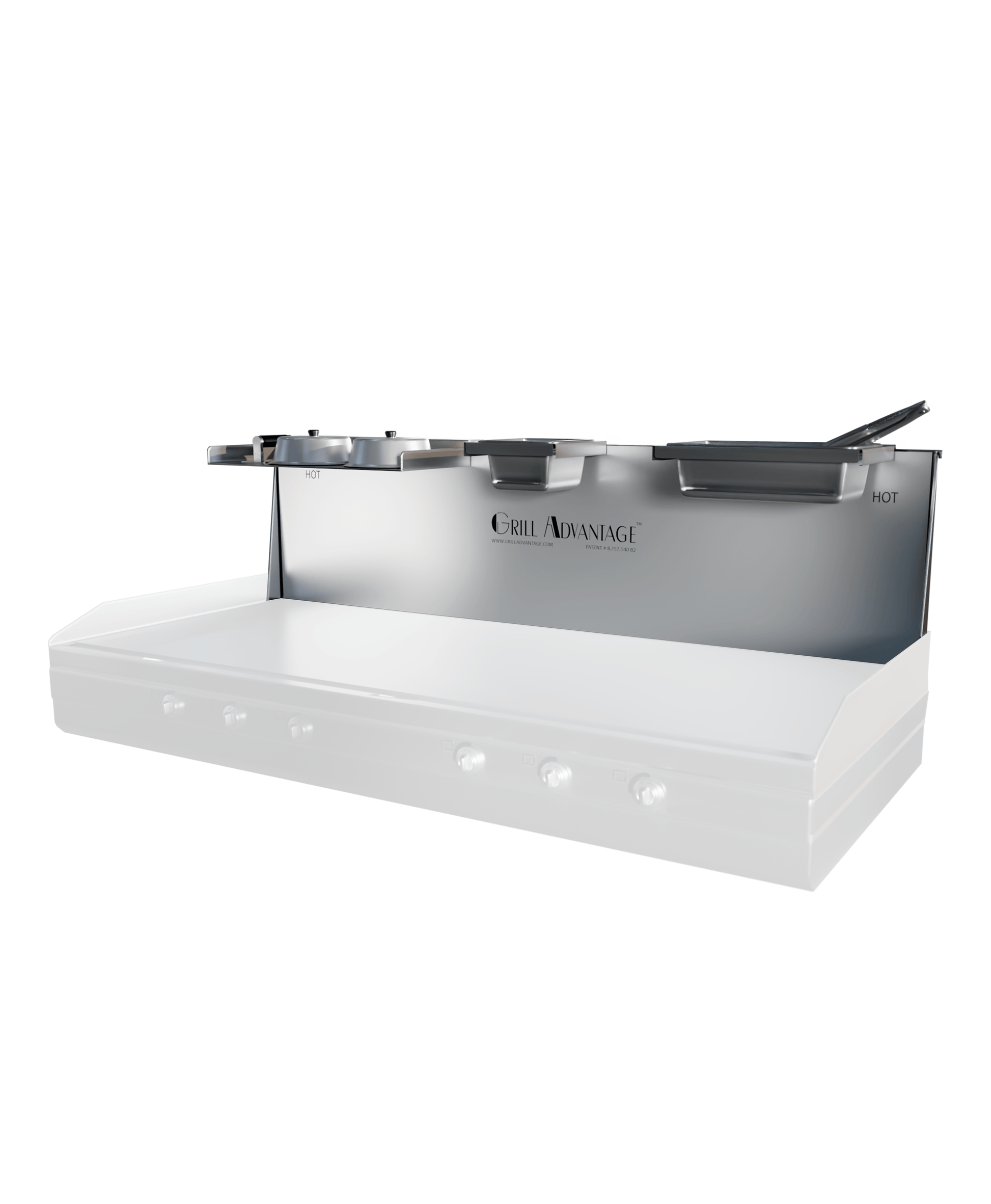 Grill Advantage 60-inch backsplash system viewed from the front-left, with pan holders along the top shelf and two HOT-labeled zones visible at each end, fitted over a ghosted griddle.