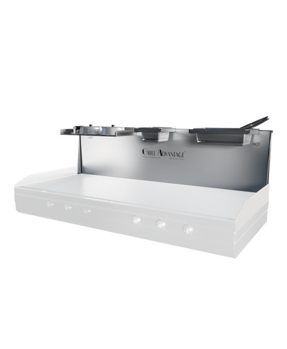 Grill Advantage 60-inch backsplash system viewed from the front-left, with pan holders along the top shelf and two HOT-labeled zones visible at each end, fitted over a ghosted griddle.
