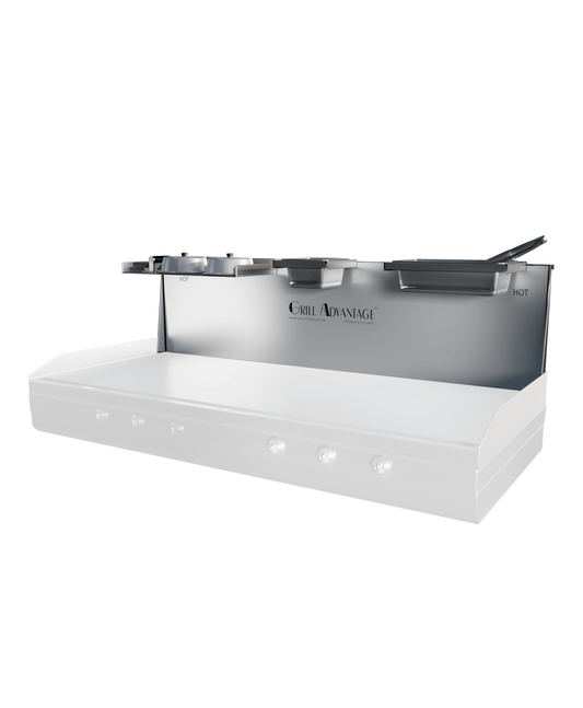 Grill Advantage 60-inch backsplash system viewed from the front-left, with pan holders along the top shelf and two HOT-labeled zones visible at each end, fitted over a ghosted griddle.