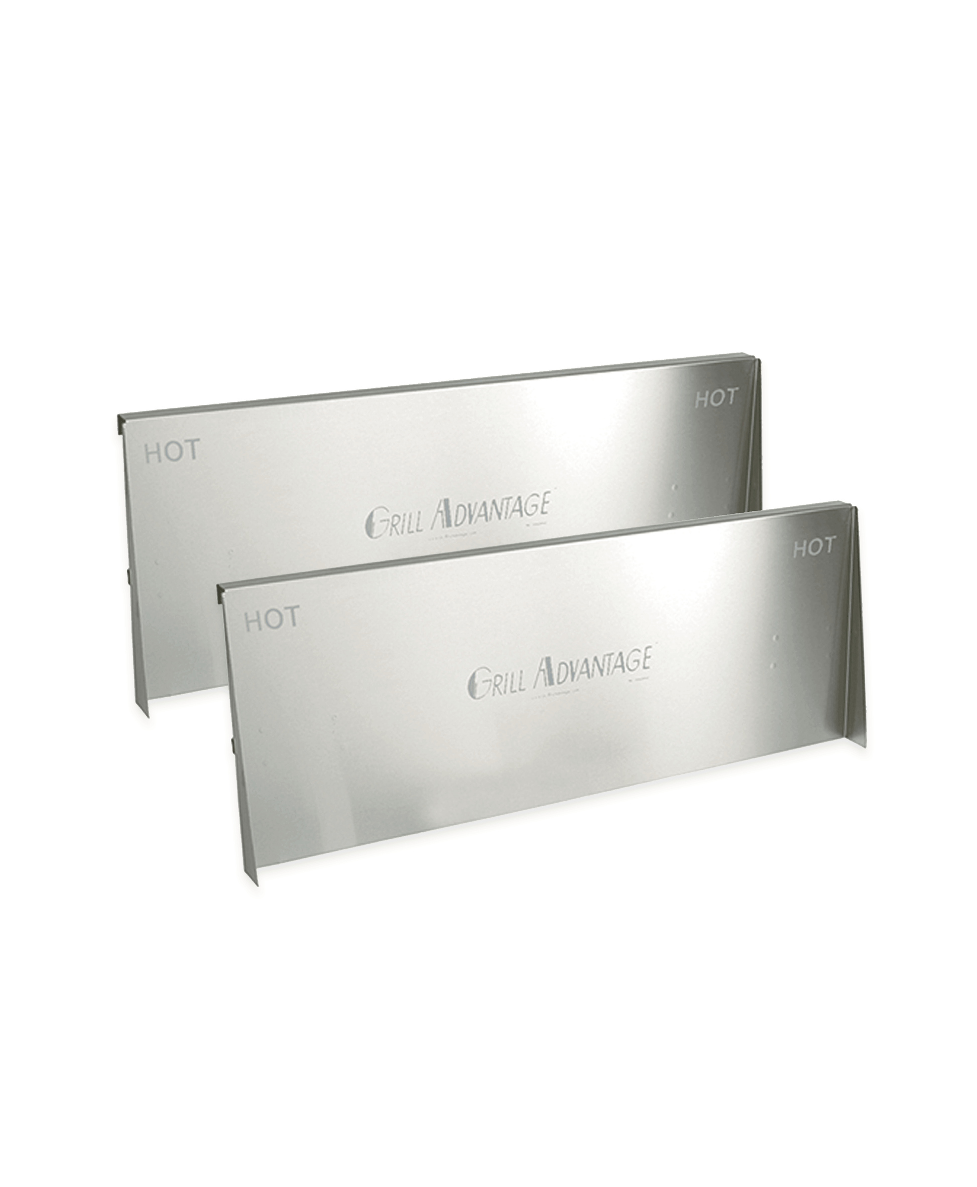 Two Grill Advantage Backsplash Extenders standing upright on a white background, each labelled HOT and Grill Advantage.