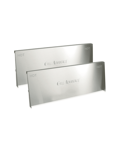 Two Grill Advantage Backsplash Extenders standing upright on a white background, each labelled HOT and Grill Advantage.