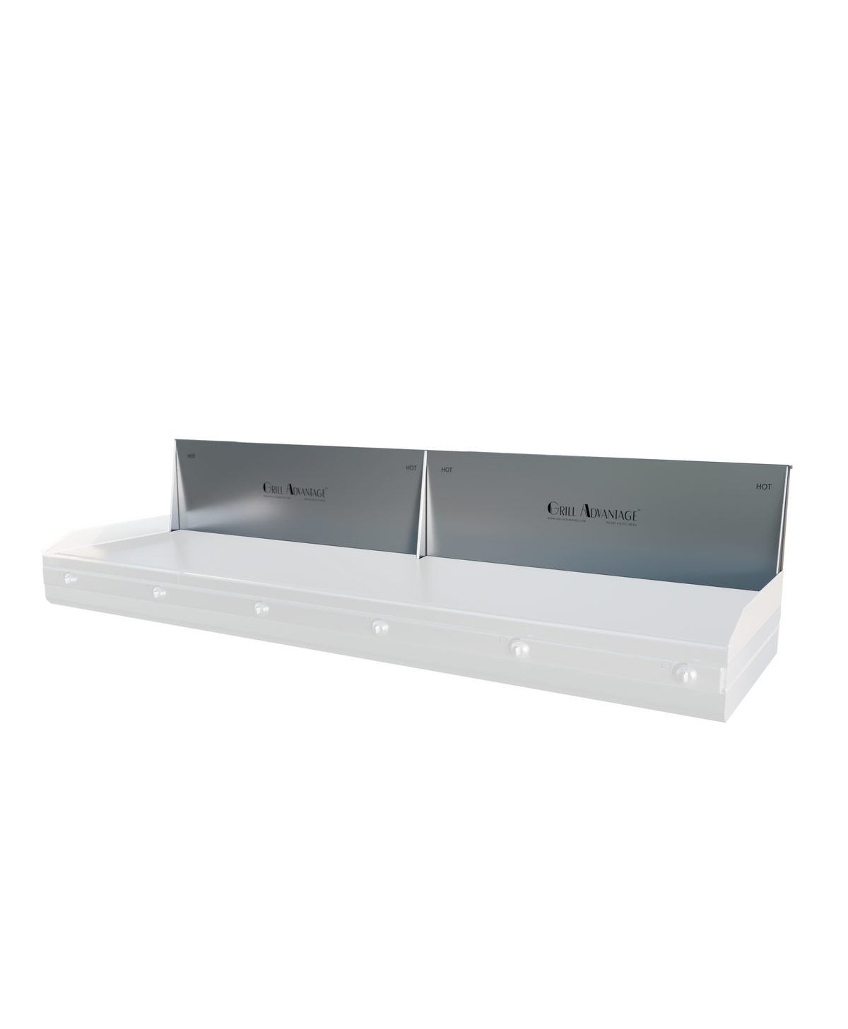 Two Grill Advantage backsplash extender panels mounted side by side on a grill station, shown from a three-quarter front angle against a white background.