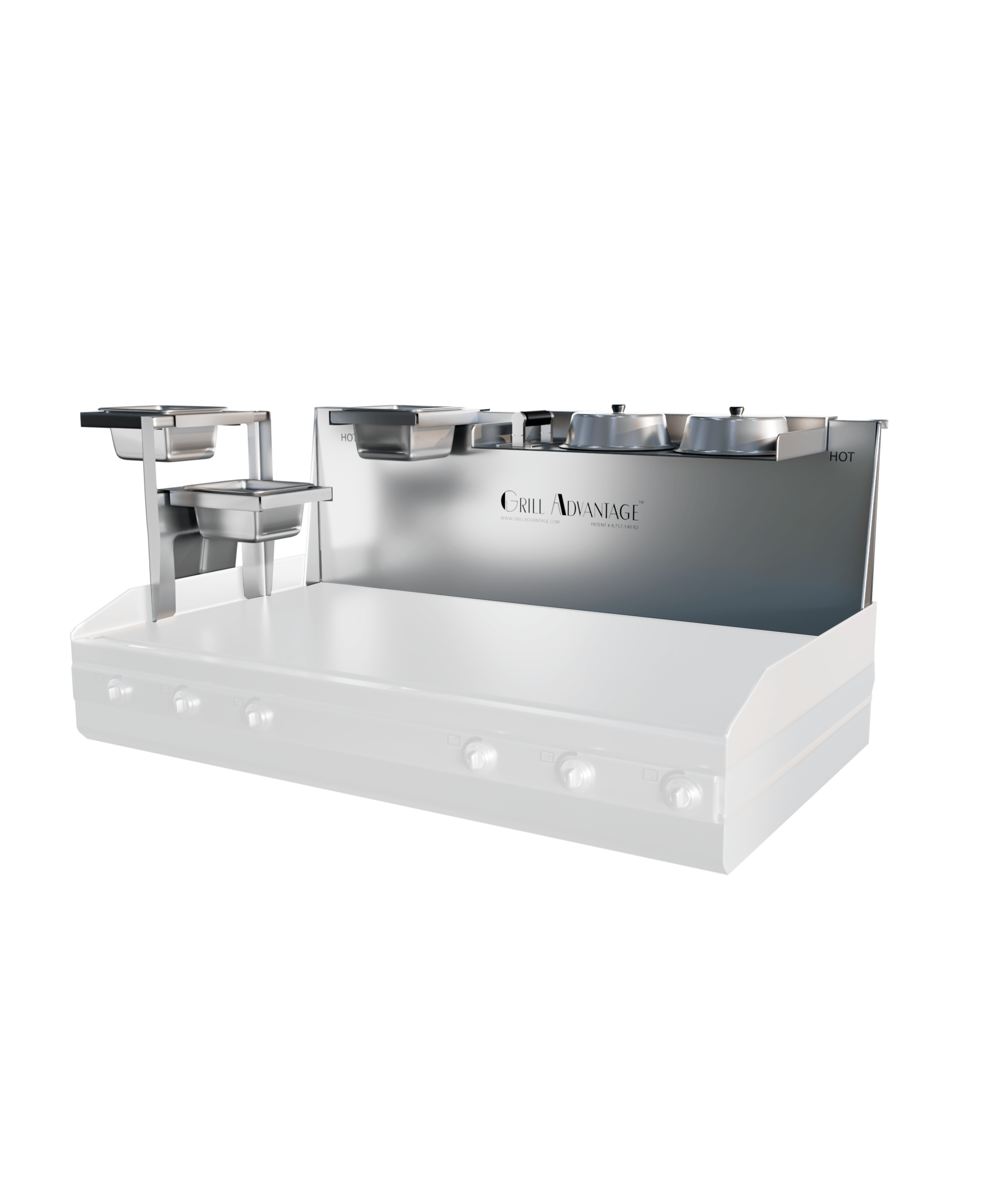 Grill Advantage Platinum Package 36-inch flat top grill station with four control knobs, overhead warming shelves, and a grill shelf accessory, linking to the product page.
