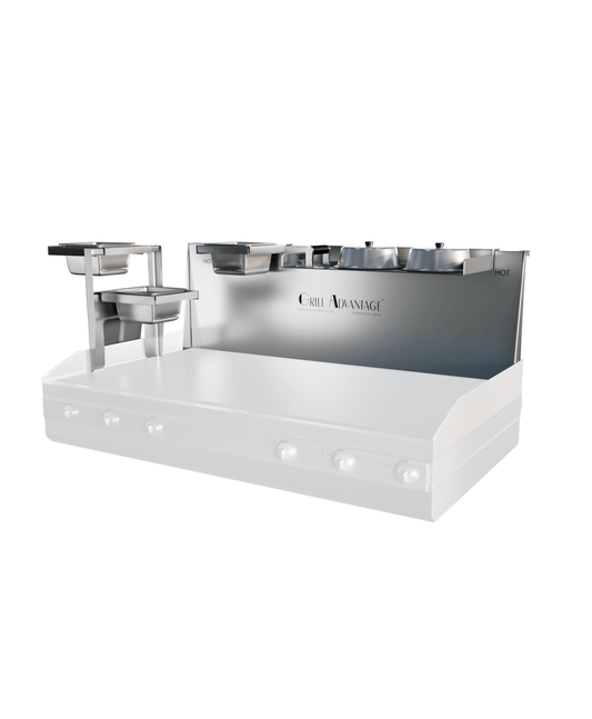 Grill Advantage Platinum Package 36-inch flat top grill station with four control knobs, overhead warming shelves, and a grill shelf accessory, linking to the product page.