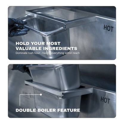 Two close-up detail shots of the Platinum Package 60 hot well: a gloved hand lifting a pan from the ingredient holder above, and a stacked pan demonstrating the double boiler feature below.