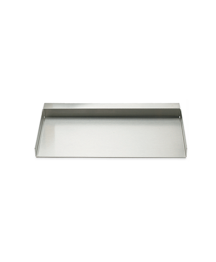The Grill Advantage Shelf Accessory is a rectangular stainless steel tray with raised edges on three sides, perfect for organizing grill accessories or kitchen items, shown against a white background.